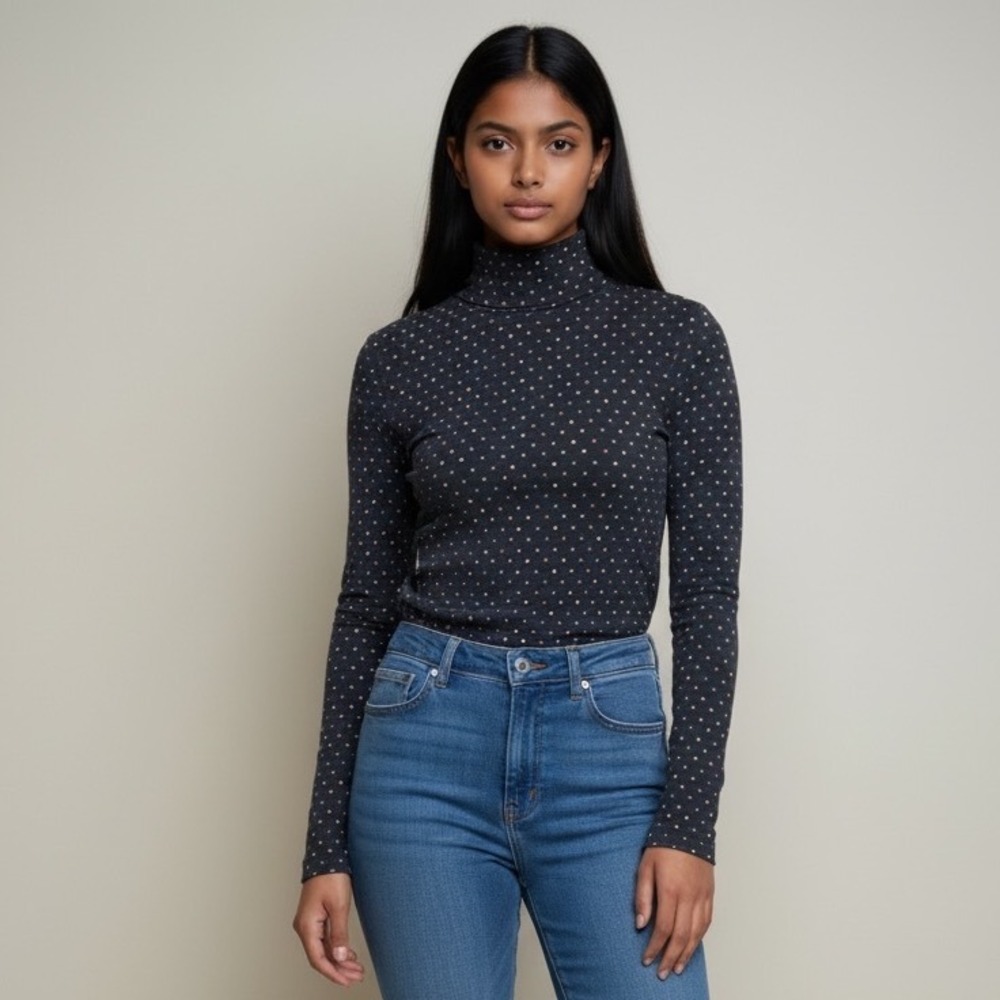 Y2K Heart Print Turtleneck Top XS‎ Korean Knit Fitted Multicolor Indie 2000s
